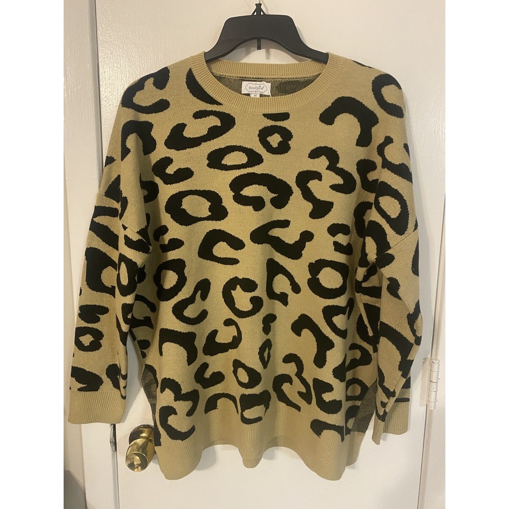 Mud Pie Leopard Print Sweater Women Medium Tan Black Animal Pullover NWOT